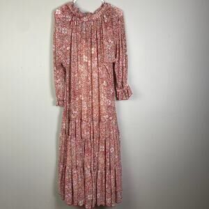 Free People Feeling Groovy Dress Floral Tiered Skirt Red Long‎ Sleeves.